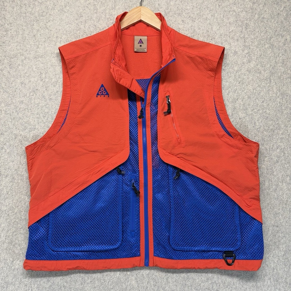 Nike ACG Mens Large Utility Fishing Vest Orange Blue Mesh Full Zip